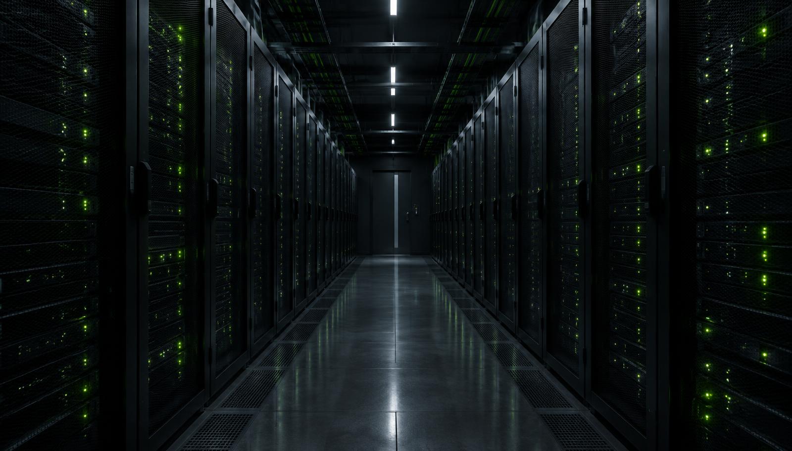 Long corridor of server racks with small green status lights
