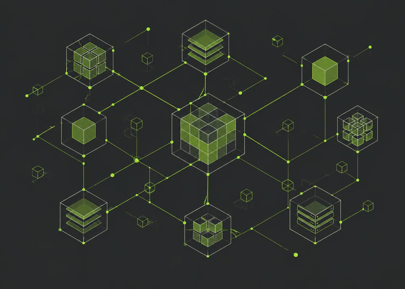Isometric wireframe boxes connected by thin lime lines on a graphite background