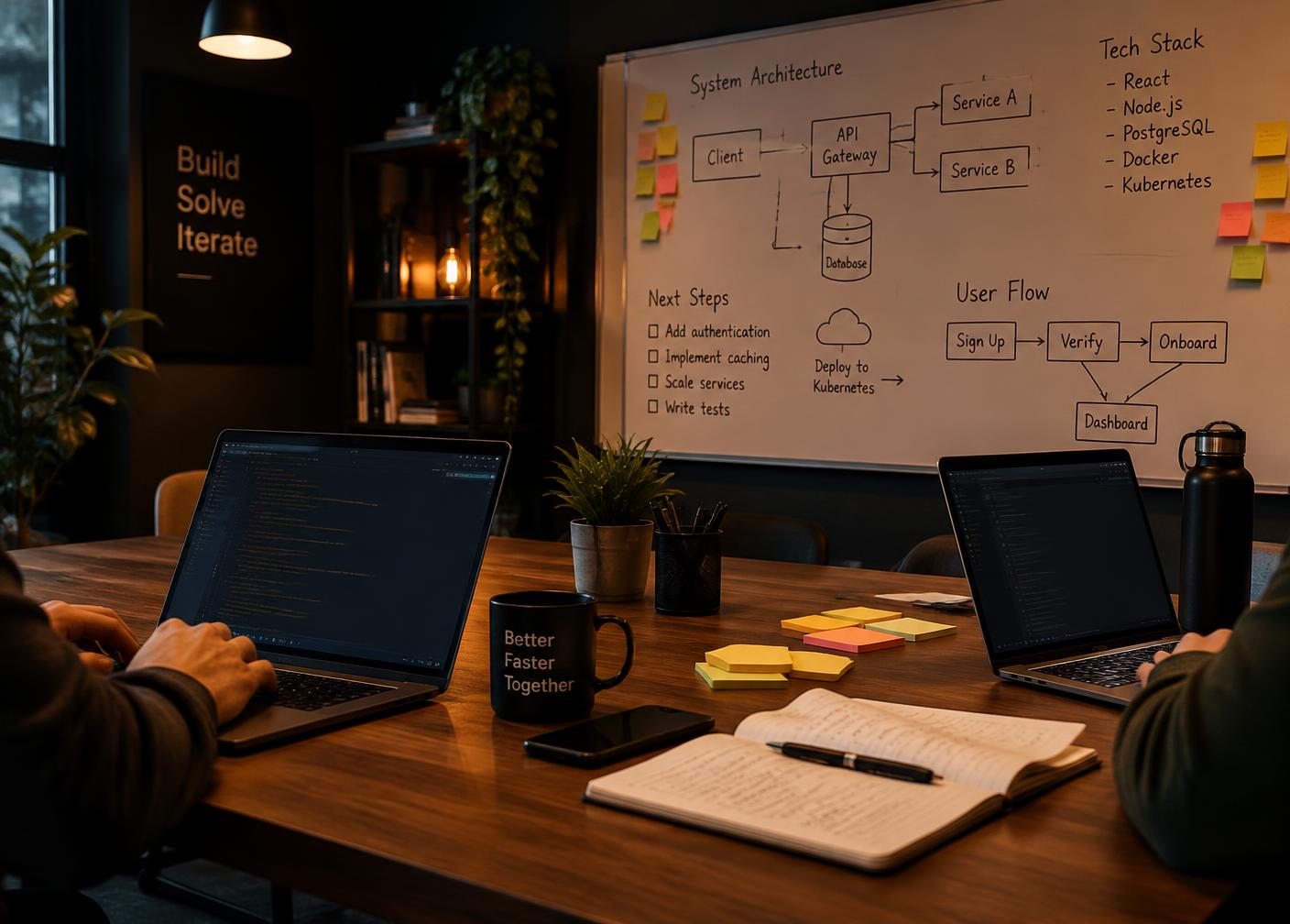 Illustrative workspace with laptops, notebooks and a whiteboard showing a system diagram